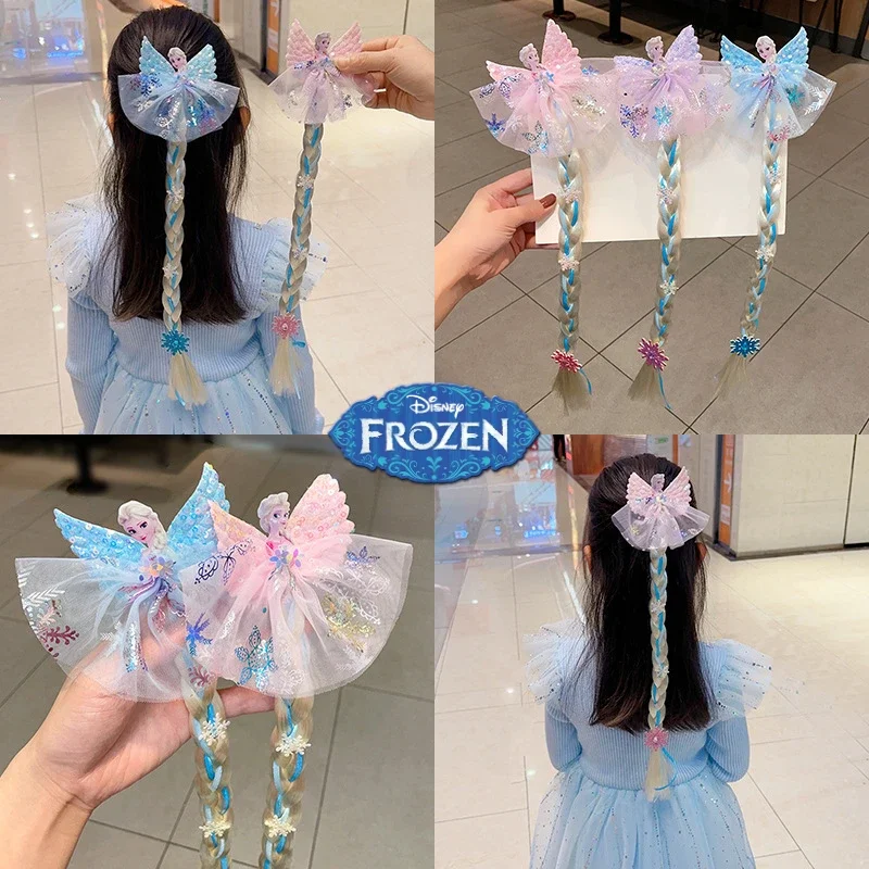 Disney Frozen Elsa Children's Wig Braid Hairpin Anime Figures Blue Wings Clips Kids Toys Kawaii Baby Hair Accessories Girls Gift