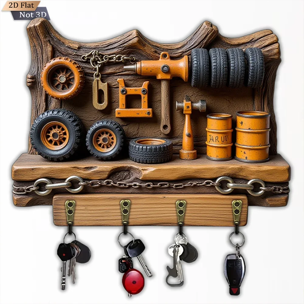 2D Flat Surface, 1pc, Tire Tool-shaped Key Hook, Wooden Multi-functional Home Key Hanger with Four Metal Hooks, Wall