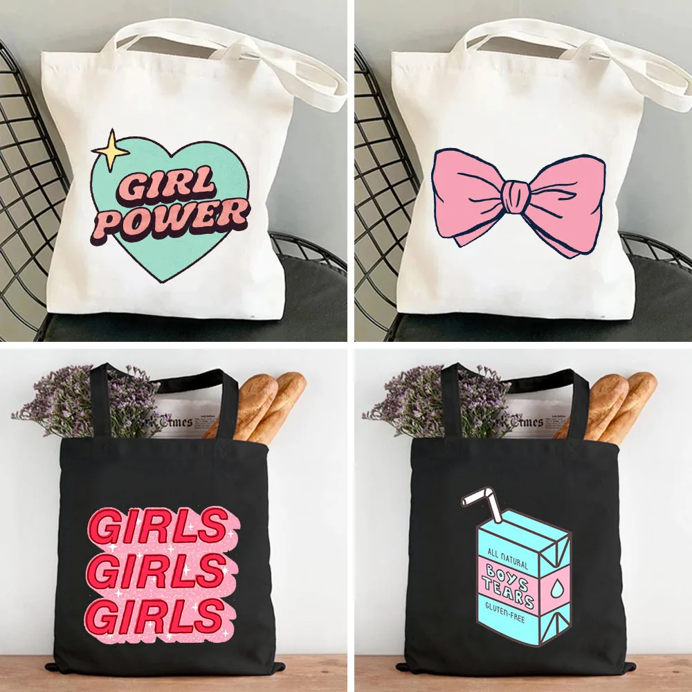 Aesthetic Cute Computer Pink Bow Girl Crystal Love Heart Rainbow Women Canvas Shoulder Cotton Tote Bags Shopper Shopping Handbag