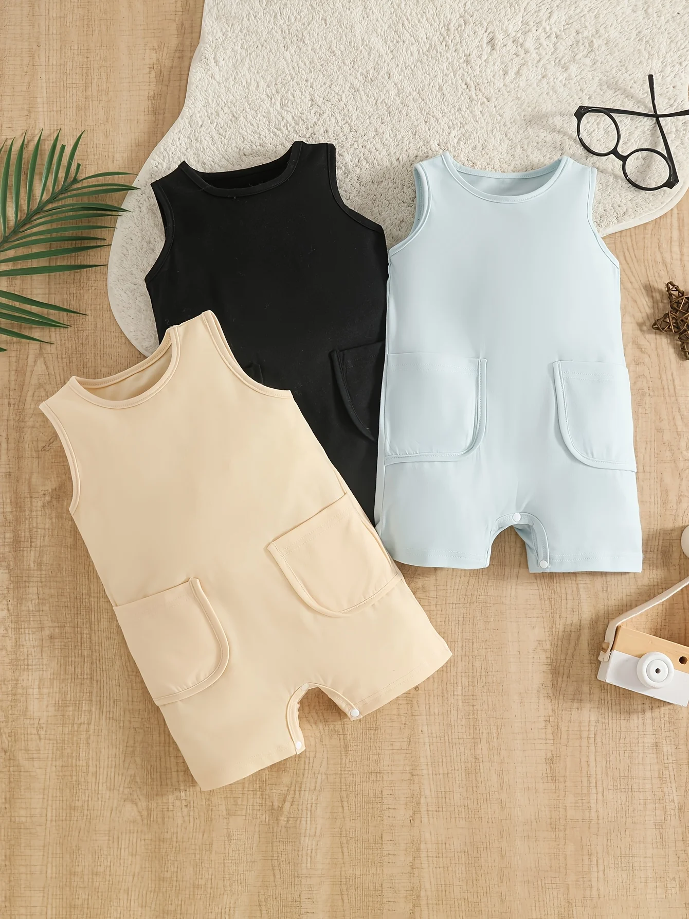 Baby Boys Solid Color Crew Neck Vest Romper 3PCS Set Cute Pocket Design Sleeveless Bodysuit Soft Comfortable Newborn Essential O