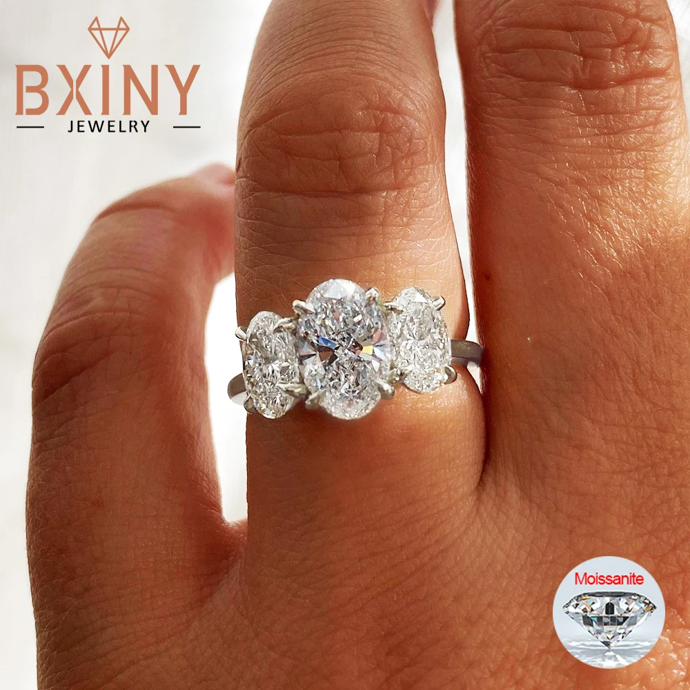 

BXINY 3-Stone Oval Cut All Moissanite Ring 925 Sterling Silver GRA Certified Diamond Wedding Band For Women Luxury Jewelry Gifts