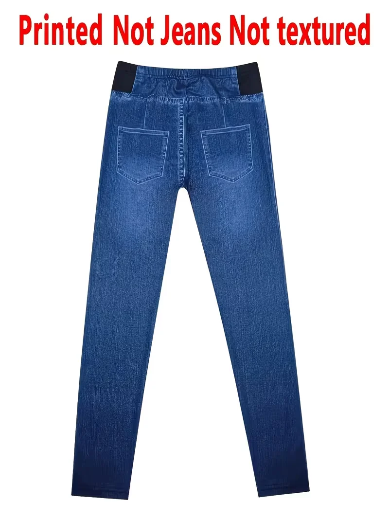 Damen-Jeggings mit elastischem Bund, bedrucktem Kunstdenim, Stretch-Skinny-Leggings mit Taschen – Detail 5