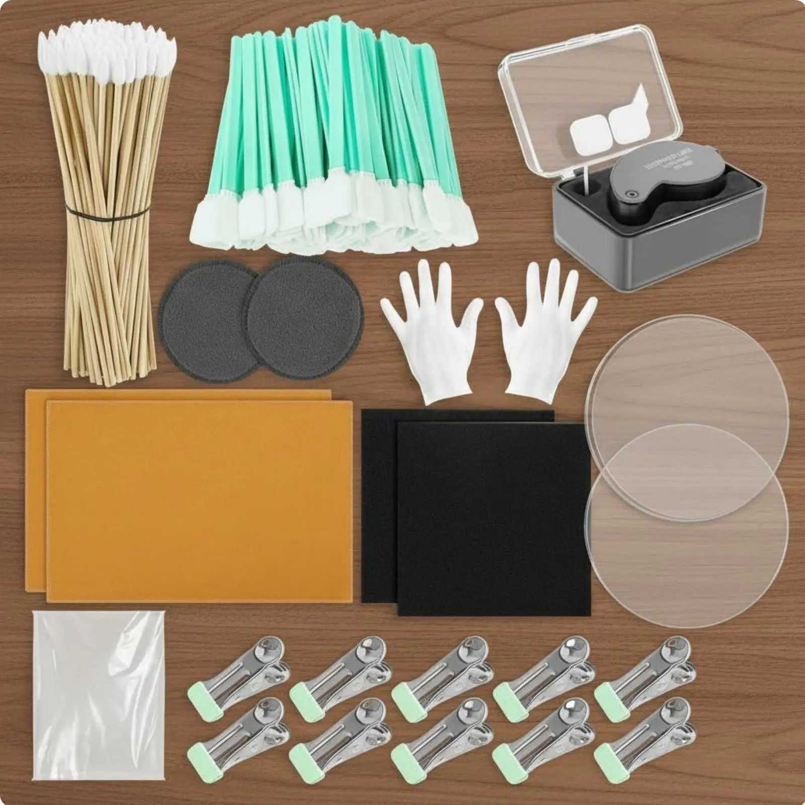 Hobbyist Card Restoration Supplies with Spring Clips Foam Pads and Comprehensive Cleaning Tools for Trading Card Maintenance