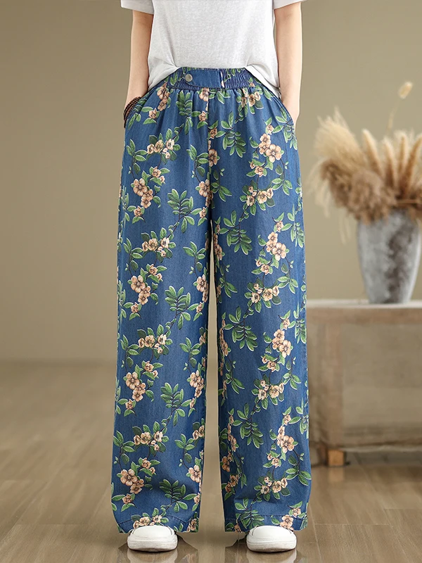 

Summer Design Wide Leg Jeans Women's Casual Elastic Waist High Waist Blue Denim Pants Versatile Loose Fit Straight Cut Trousers