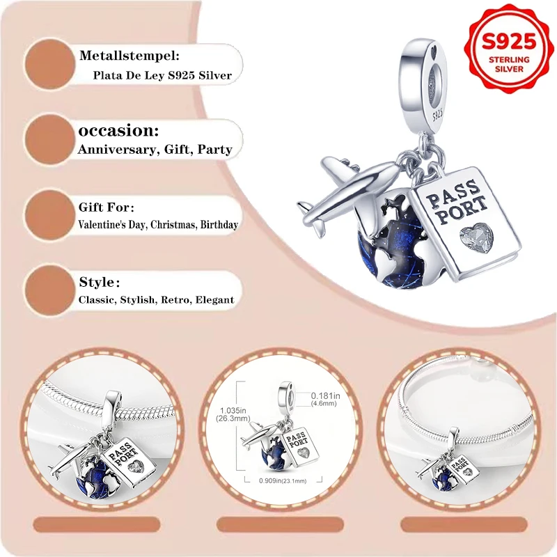 Breloques en Argent Sterling 925, Pendentifs Avion, Passeport, Terre, Perles pour Bracelets et Joncs Originaux pour Femmes, Bijoux DIY, Cadeau Raffiné