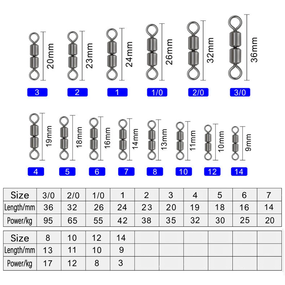 TIANNSII 10/20pcs Bearing Swivel Fishing Connector 2/0#-12# Barrel Rolling Solid Rings For Fishhook Lure Link Fishing Accessorie