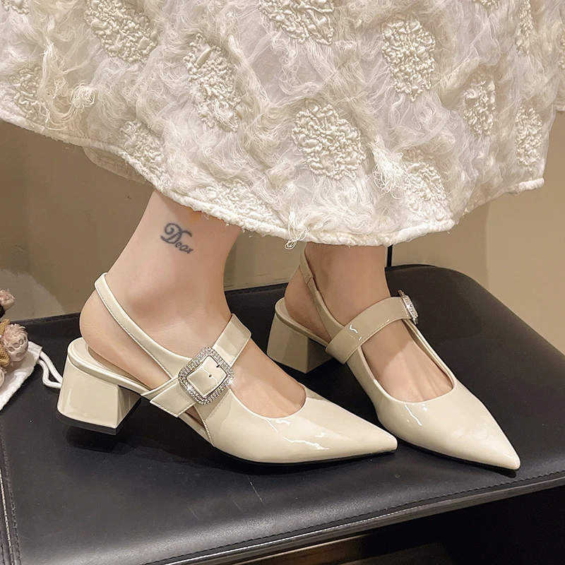 Pointed Toe Block Heel Sandals Shallow Mouth Bright Brick Square Buckle One Strap Soft Sole Non-Slip Wrapped Toe Women's Shoes