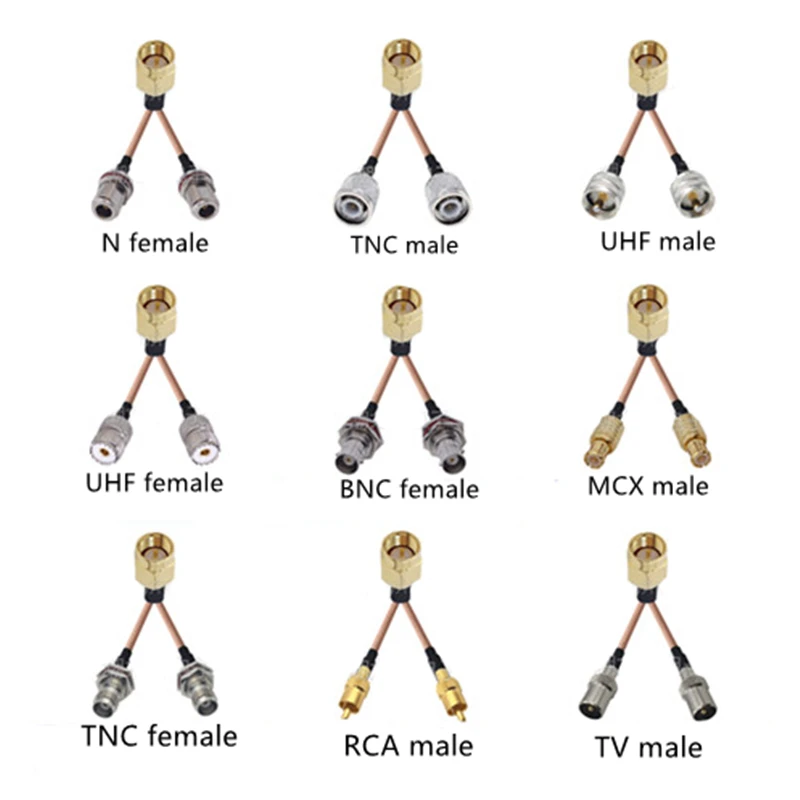 50cm 1 x sma macho para 2 x sma/n/bnc/tnc/uhf/tv/rca 1 a 2 cabo adaptador divisor tipo y rg316 cabo de extensão coaxial rabo de porco