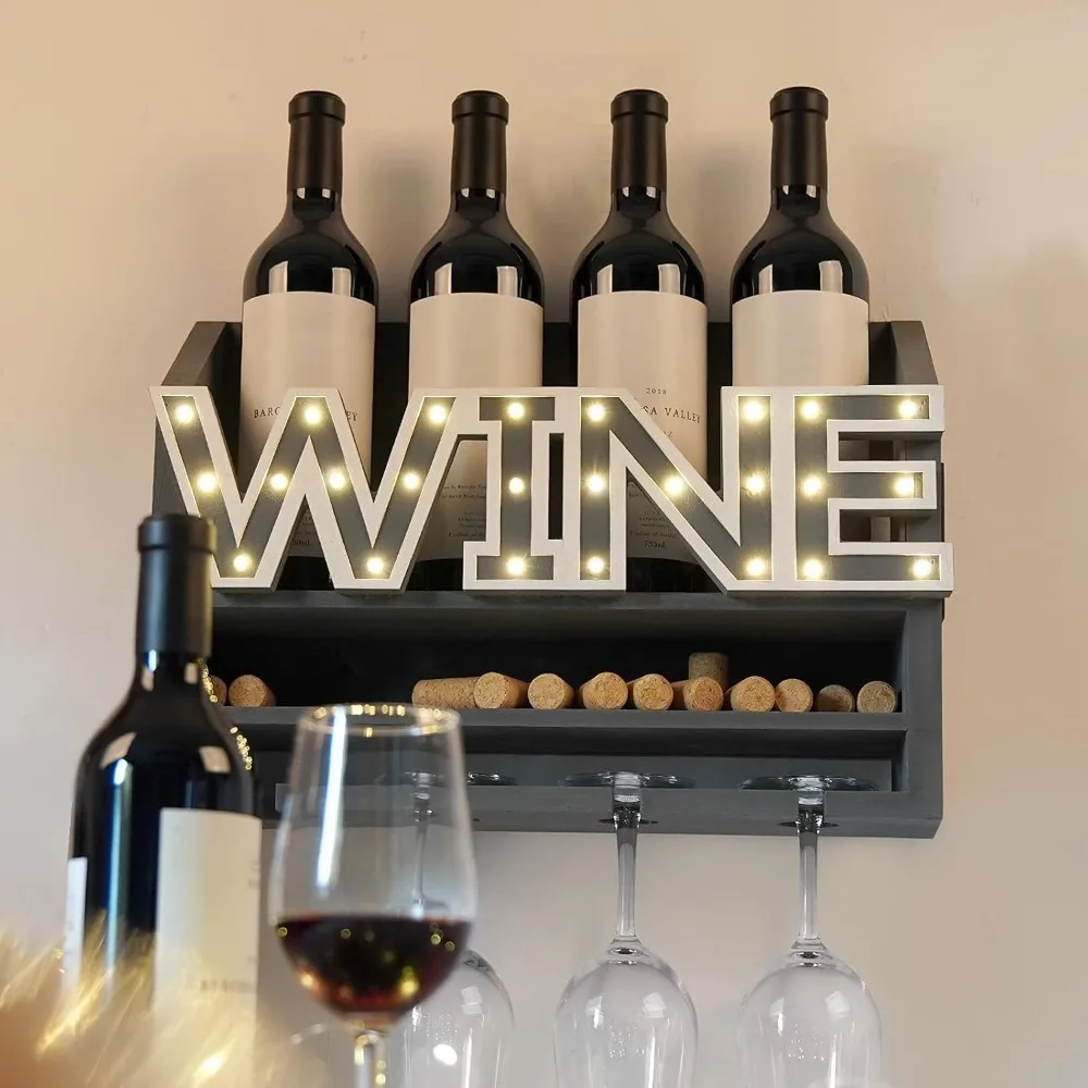LED Wooden Wall Mounted Wine Rack and Glass Holder –Rustic Wine Bottle & Glass Holder & Wine Cork Storage Modern Home Decor