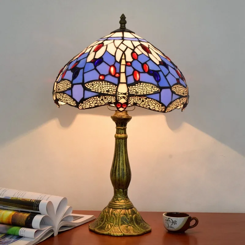 style stained glass table lamp 12 inch Shade Blue/Green Dragonfly design table Reading lamp