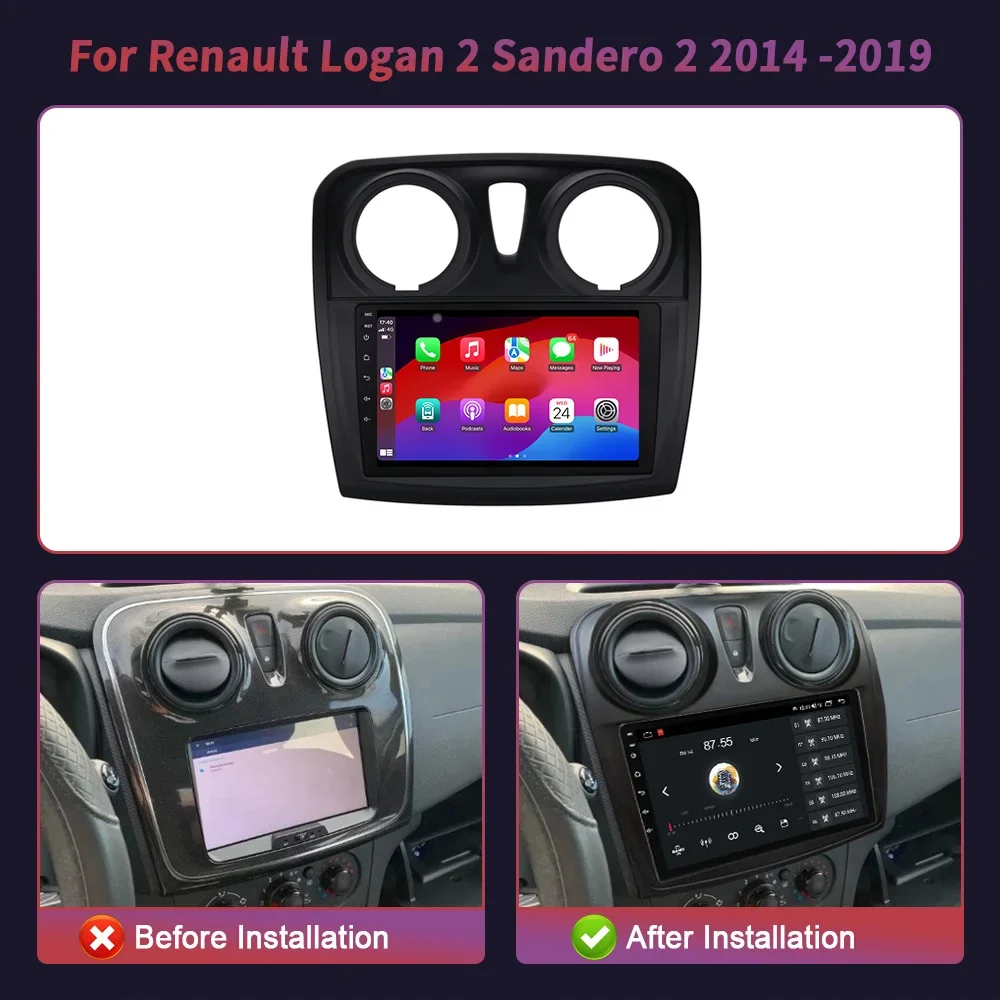 Round hole For Renault Logan 2 Sandero 2 2014 -2019 Wireless Android 14 Car Stereo Radio Navigation Bluetooth Multimedia Screen