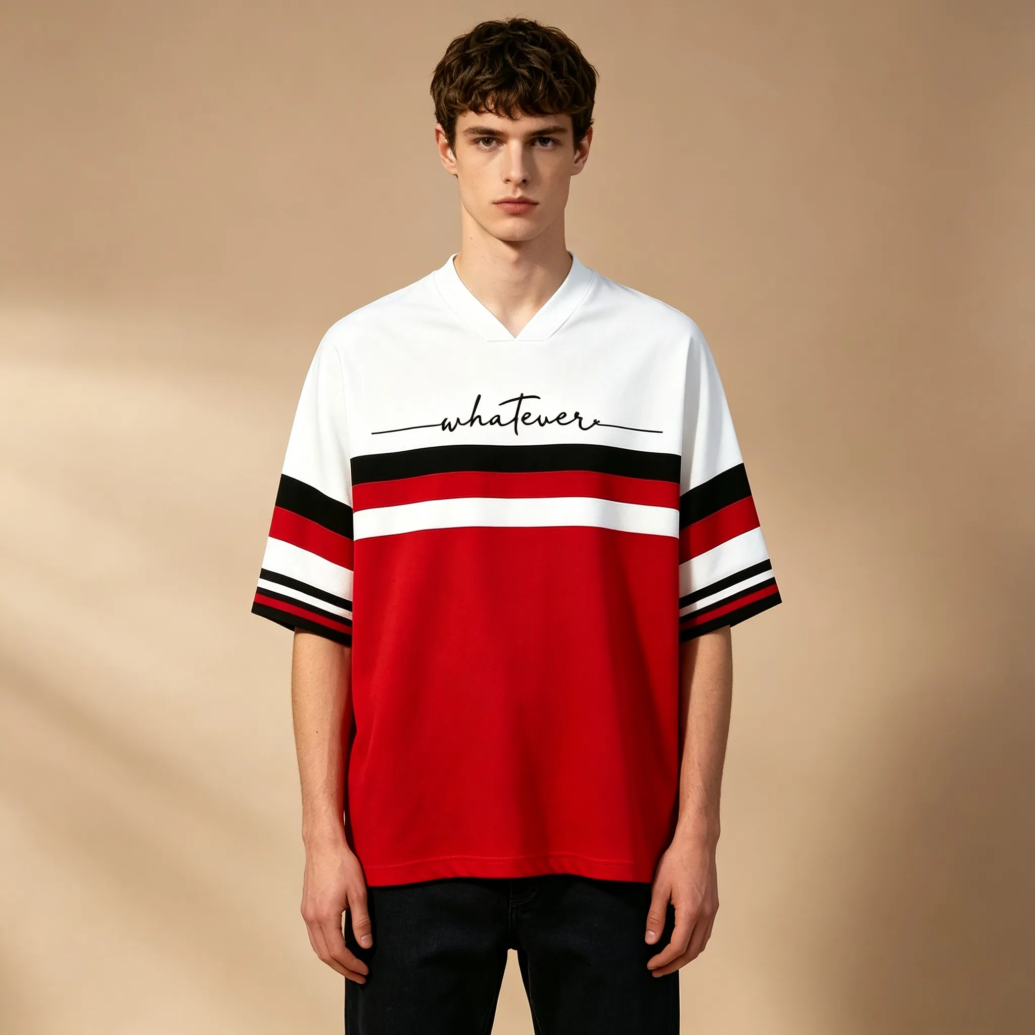 Men Oversized V Neck Half Sleeve Tee, Color Block Stripe Whatever Letter Print, Vintage Streetwear Summer Casual Tops