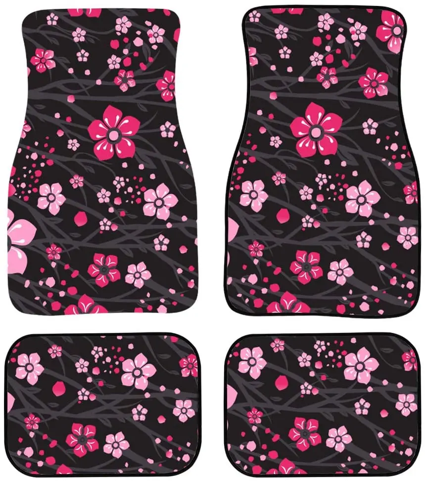 

4 Pc Japanese Cherry Flower Rose Pink Universal Carpet Front & Rear Carpet Floor Mat Set Non-Slip (Cherry Blossoms) For W