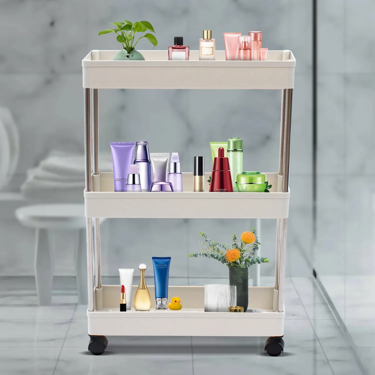 Storage Trolley with 3 Levels, Hollow Design, Kitchen Trolley, Narrow Niche Trolley for Use in The Bathroom, Kitchen, Office