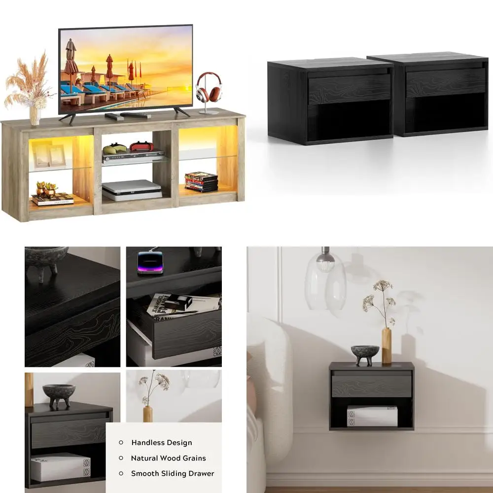 

Современный развлекательный центр для 65-дюймовых телевизоров с регулируемыми стеклянными полками, настраиваемыми светодиодными лампами, прочным металлическим каркасом