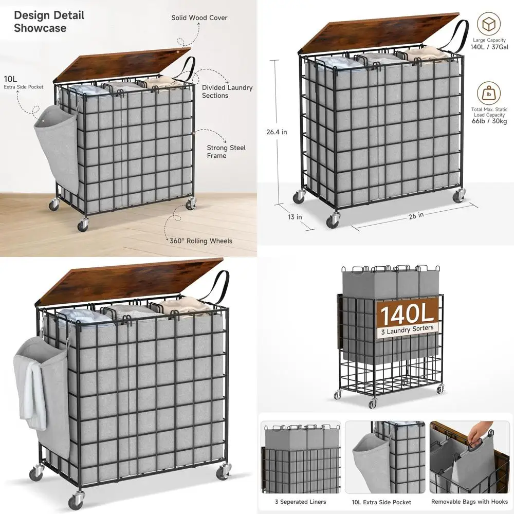 

Прочный 3-секционный органайзер для белья на колесиках, объем 140 л, деревянная крышка, серый