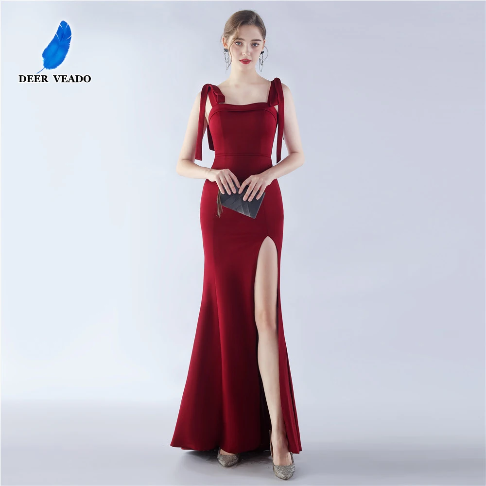 DEERVEADO Mermaid Slit Long Evening Dress for Women\'s Soft Satin Formal Occasion Dresses Party Maxi Dress