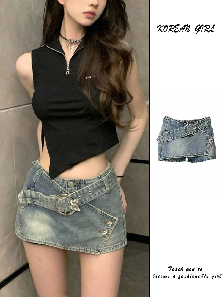 

Hot Girl Low Waist Denim ort Skirt Women's Summer New Design Asymmetrical Versatile Bodycon Skirt Retro Sle Commute