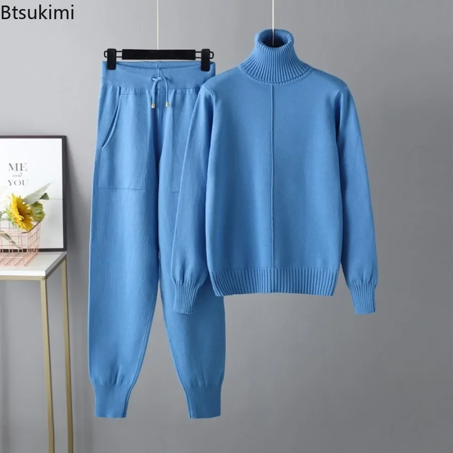 2024Women\'s Casual Warm 2PCS Knitted Tracksuit Sets Solid Autumn Winter Cashmere Turtleneck Sweater and Harem Pant Sets Outfits