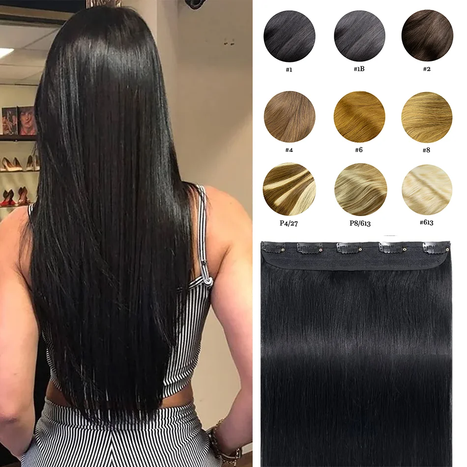 Clips In One Piece 100% Brazilian Virgin Human Remy Hair Extensions 5 Clips 1pcs Set 100g Natural Straight 3/4 Full Head