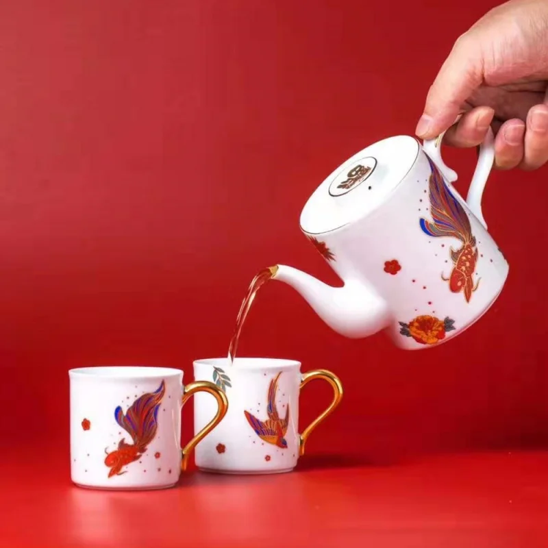 ★New Year's Gift Ceramic Tea Set Opportunity Knocks Teapot Teacup Tea Tray Kung Fu Tea Set New Year Tea Set Gift Box