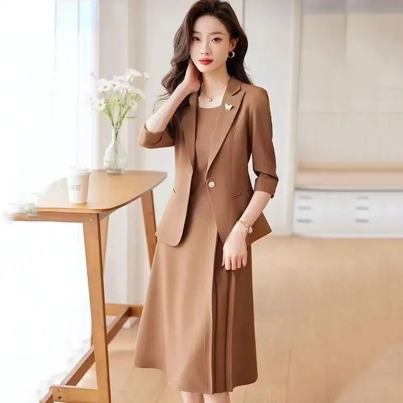 

Office Lady Slim Dress 2 Piece Set Elegant Blazer Jacket+Tank Midi Vestidos Tracksuit Plus Size 4xl Women Dresses Conjuntos N322