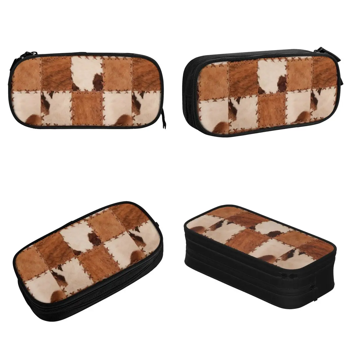 Patchwork Cowhide Rustic Western Decor Pencil Case Pencilcases Pen Box for Girl Boy Large Bag Students School Gift Stationery