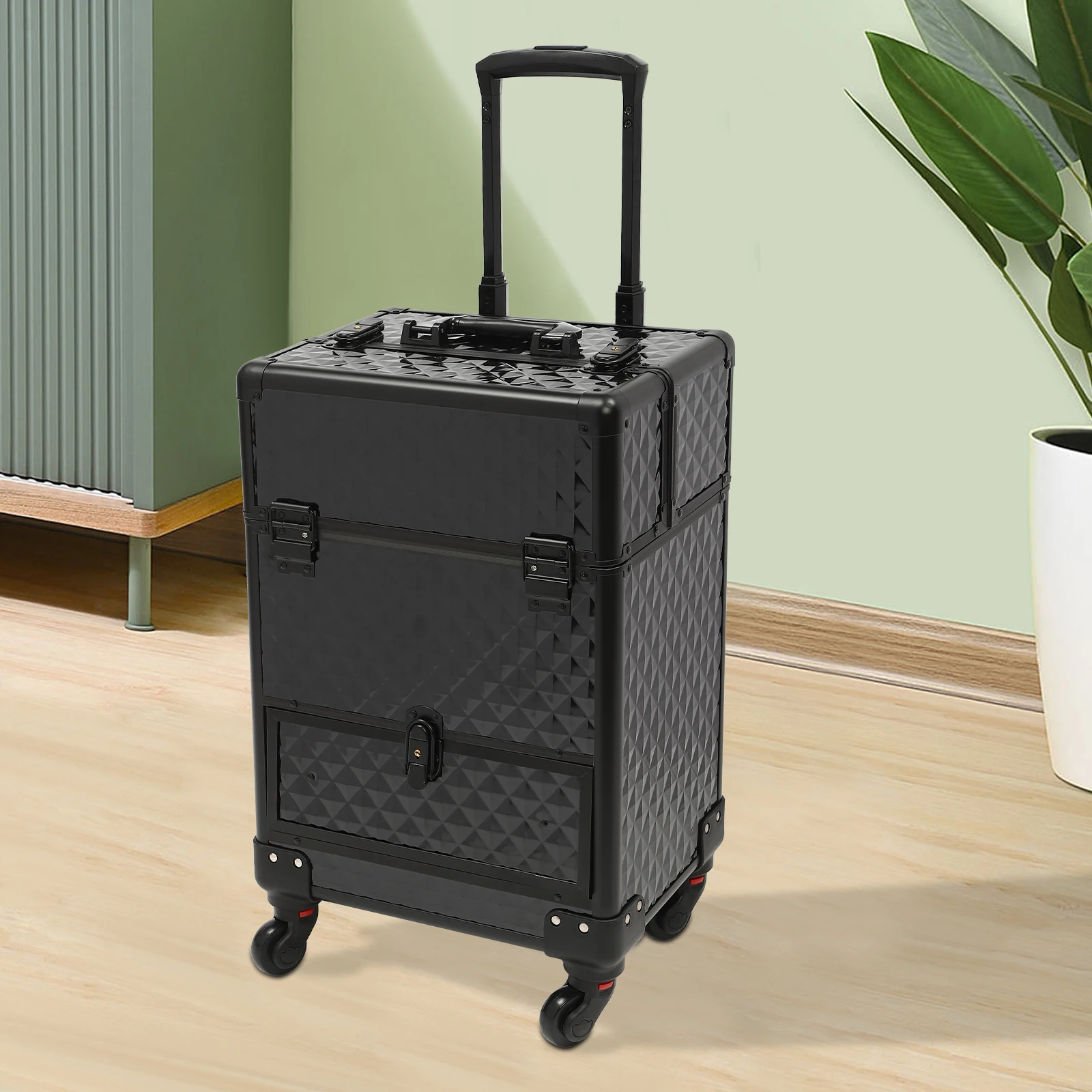 

Rolling Makeup Train Case Aluminum Alloy and ABS Construction, 44 lbs Load Capacity, 7 Compartments and Drawer for Makeup
