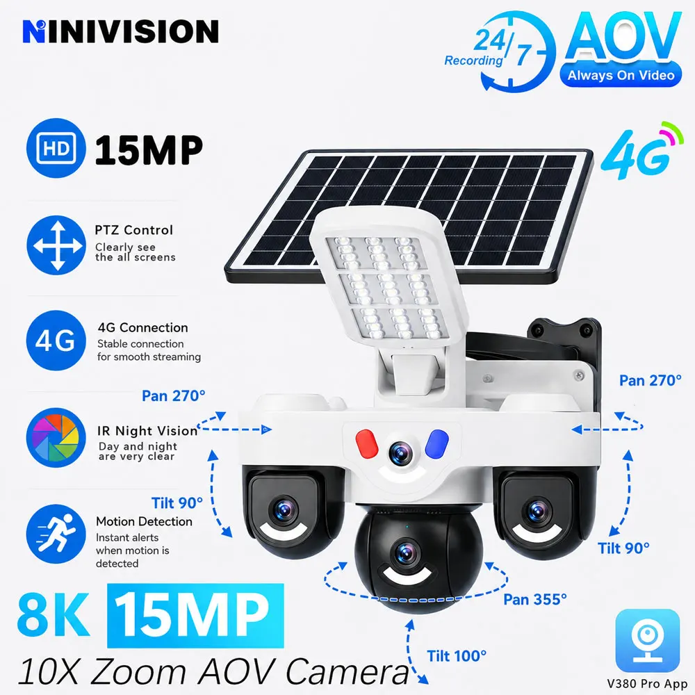 15MP 4G Solar AOV PTZ Security Camera 10X Zoom Audio Motion Detection IR Night Vision Multi Lens Outdoor Surveillance V380 Pro