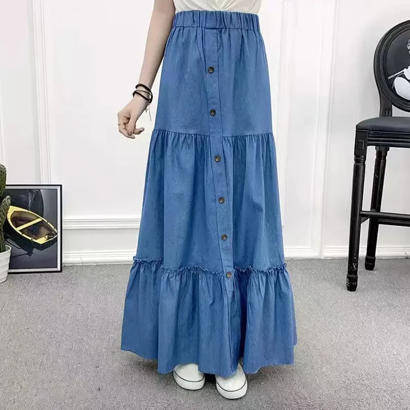 

90cm Length Denim Skirts Women's Elastic High Waist Button Shirring Patchwork Ruffle Long Casual Blue Skirt Streetwear