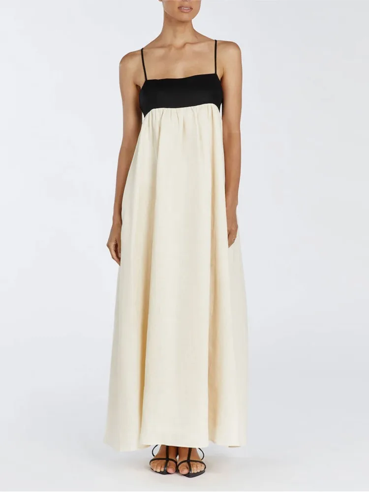 عطلة السباغيتي فستان بحزام فساتين Vestidos 2025 امرأة المرقعة التباين عارية الذراعين سليم حبال مزاجه أنيقة كل مباراة