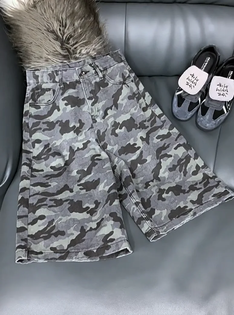 

Американские джинсы-брюки в стиле ретро с камуфляжным принтом, с высокой талией, свободные, широкие штанины, повседневные, для работы, прямые, средней длины, летние, джинсовые шорты