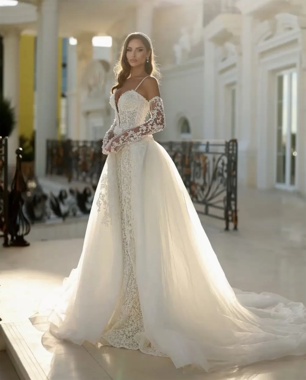 Prachtige kanten trouwjurken zeemeermin pailletten spaghettibandjes afneembare trein bruidsjurken elegante vestido de novia op maat