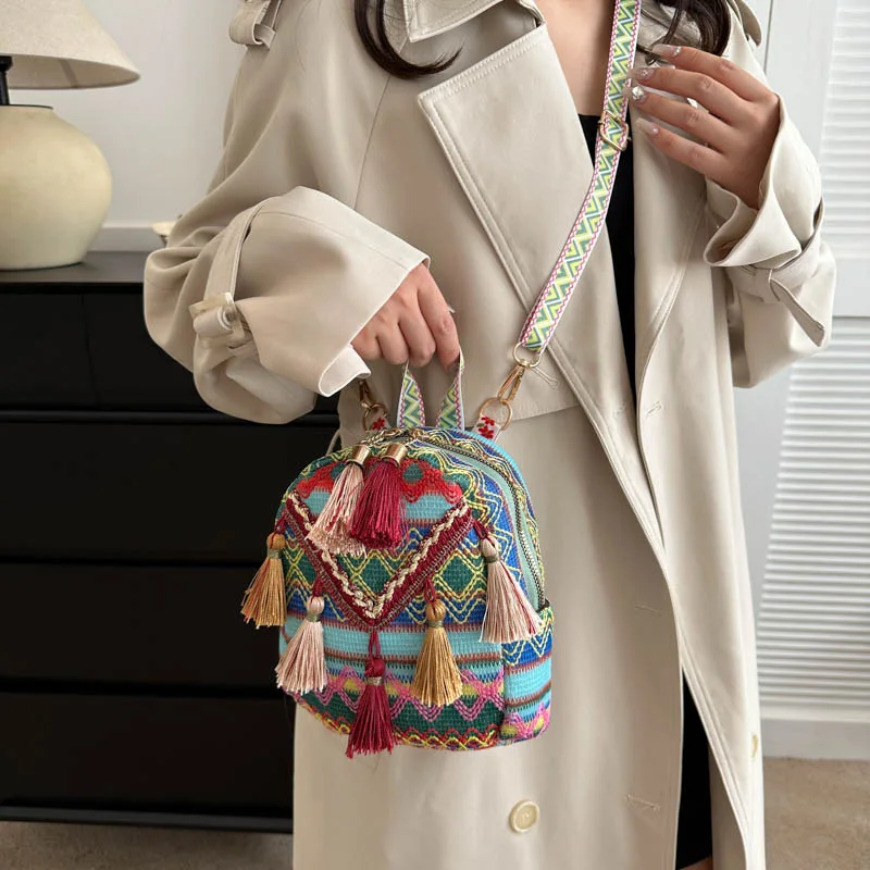 Embroidery Ethnic Style Tassel Backpack Small School Bag Stripe Canvas Tassel Shoulder Bag Large Capacity Mini Bags For Women