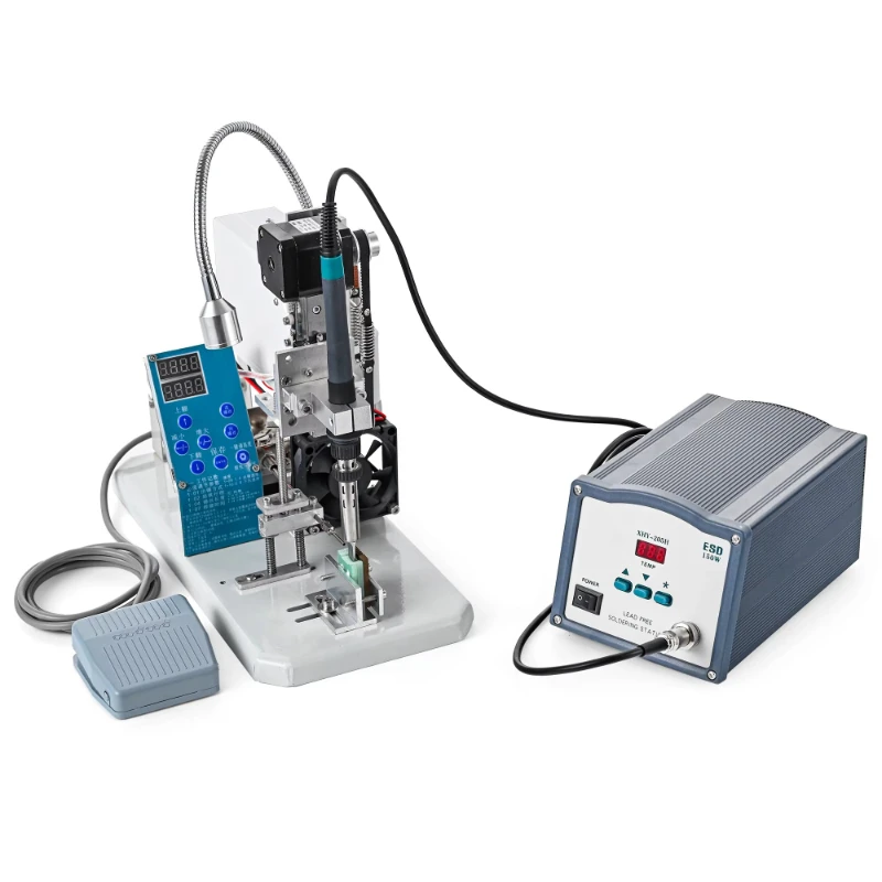 Semi-automatic desktop soldering machine for electronic welding of cable connectors, with PLC control