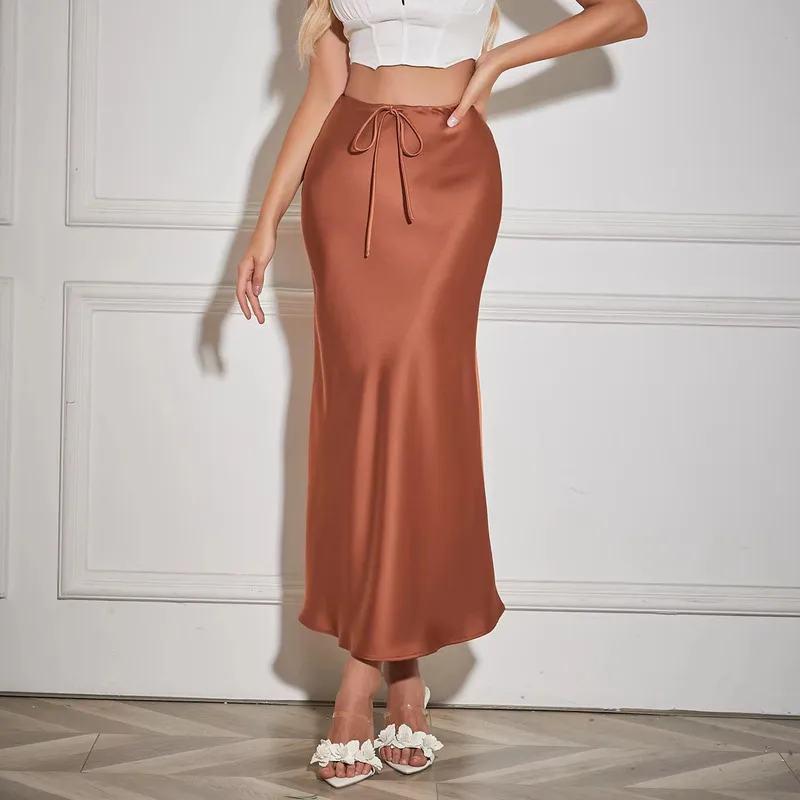 New In 2026 Women's Spring Summer Solid Color Satin Long Skirt High Waist Lace-up Trendy Elegant Faldas Female Beach Maxi Skirts