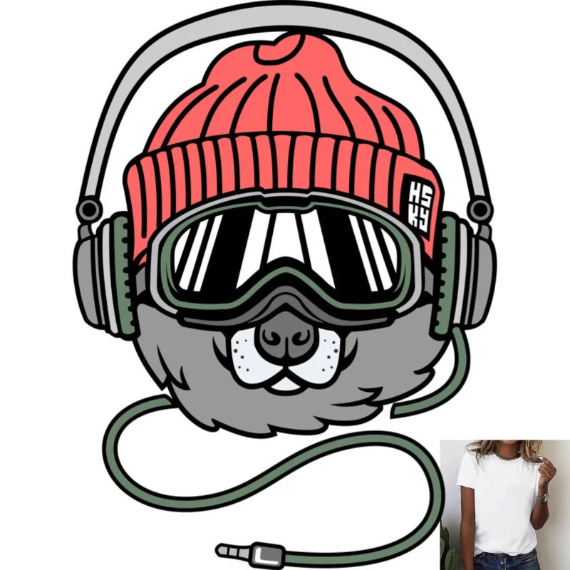 Trendy Cartoon Animal with Hat, Headphones & Goggles Heat Transfer White Ink Iron - on Decal for Casual T - shirts, Canvas Bags - zdjęcie 1