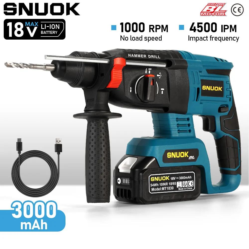 Martello elettrico rotante senza spazzole SNUOK 18V, utensile elettrico con batteria 3.0Ah di tipo C, compatibile con batterie al litio Makita, 26 mm, interfaccia SDS-PLUS professionale a quattro