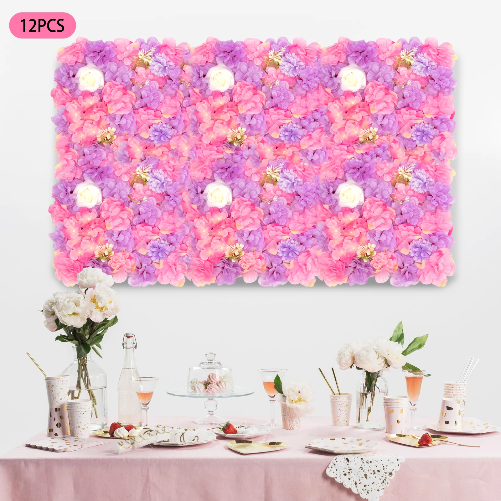 

12pcs Artificial Flower Wall Panel，15*15in 3D Decoration Flower Wall Silk Rose Mat for Wedding Backdrop Wall Photo Floral Wall