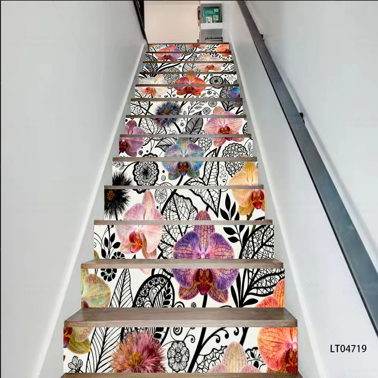 Blue Tree White Dove, Orchid Vine & Flower Exotic Bird Stair Decals - Waterproof Wear-Resistant Self-Adhesive