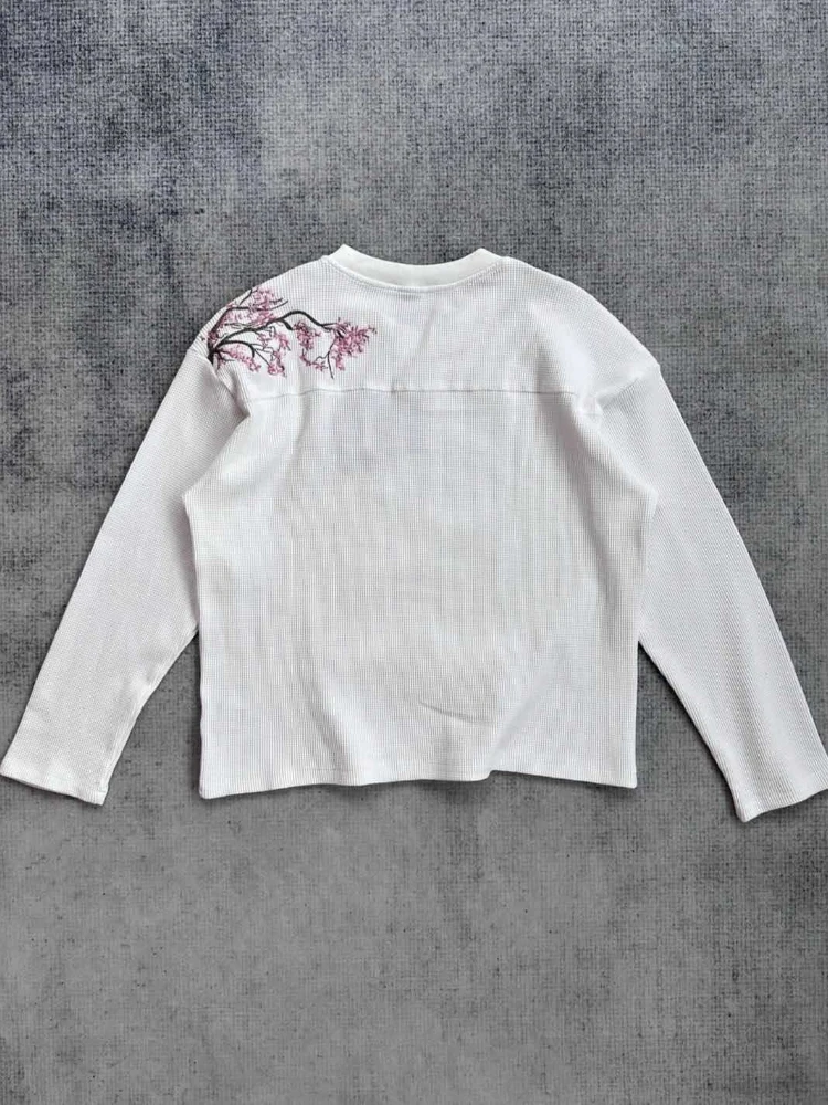 Koszulki Deeptown z haftem białych kwiatów wiśni, męskie i damskie, z długim rękawem, oversize, waflowe, basic, Harajuku, casual, streetwear — 2