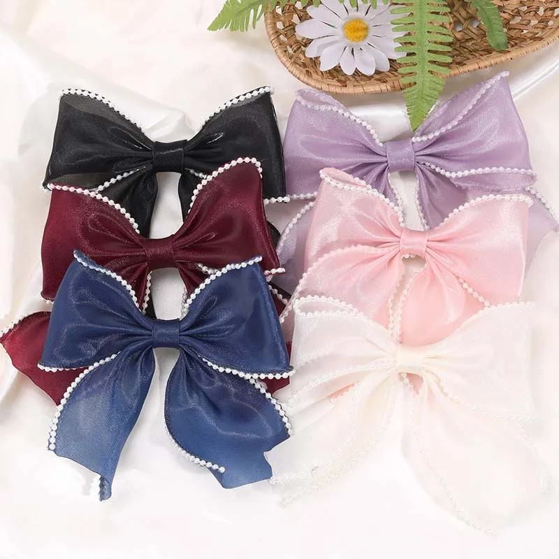 ncmama Chiffon Pearl Bow Hair Clip Mesh Bowkonte Hairpins for Kids Girls Cute Handmade Barrettes Headwear Baby Hair Accessories