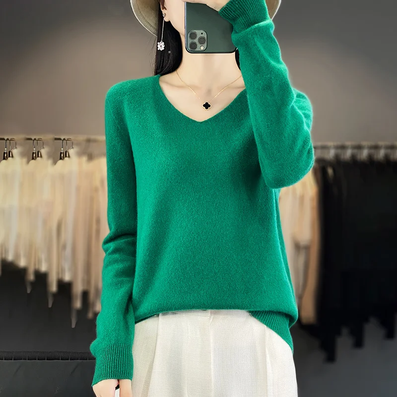 Women\'s 100% Wool First-line ready to wear Clothing Spring Autumn V-Neck Knitted Pullover Slim Fit Fashion Versatile Basic Tops