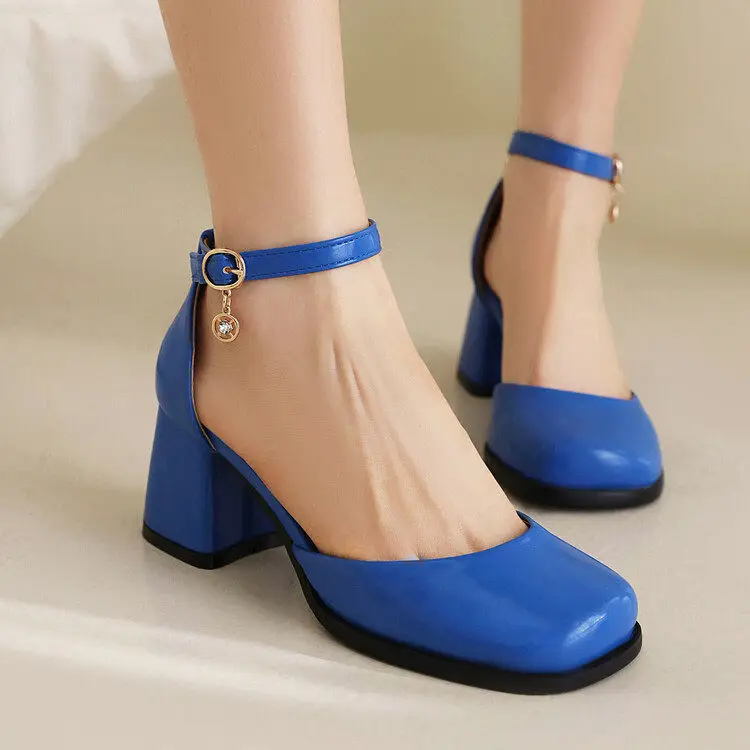 

2026 Women's Bright Blue Patent Leather Square Toe Buckle Strap Block Heel Fashion Daily Shoes Q-641