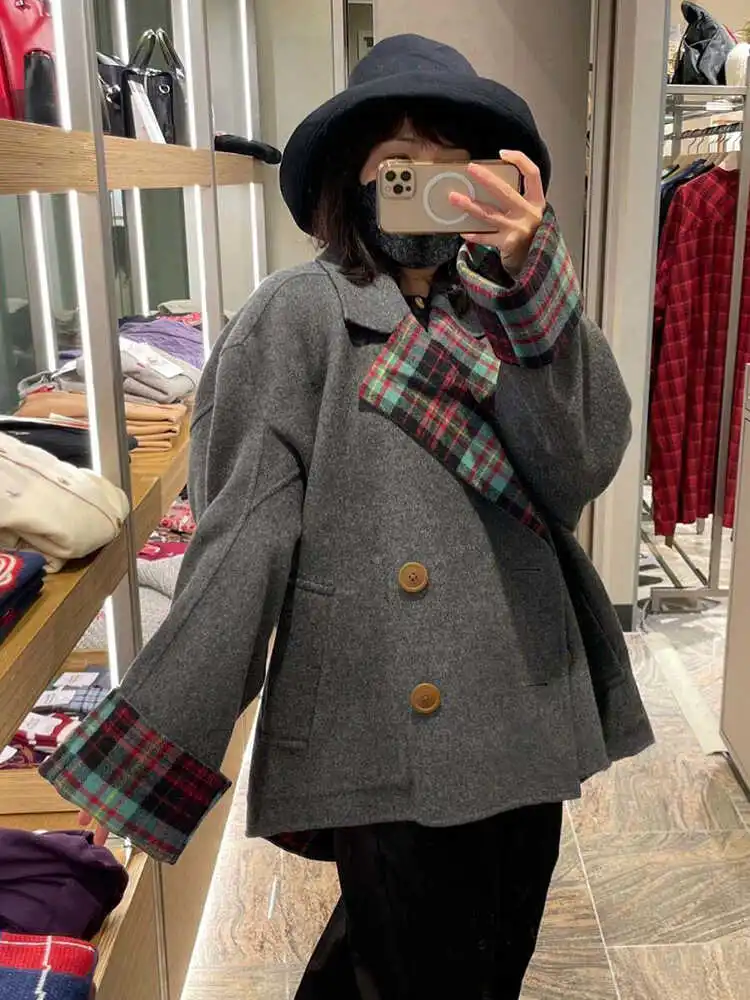 

Double-Sided Woolen V-Ne Plaid Coat Women's Loose Layering Outerwear Top Versatile Long Sve Commute Sle Winter Faion