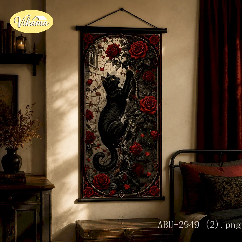 VIKAMA Gothic Canvas Wall Art Black Cat Red Rose Stained Glass Dark Academia Witchy Spooky Living Room Decor