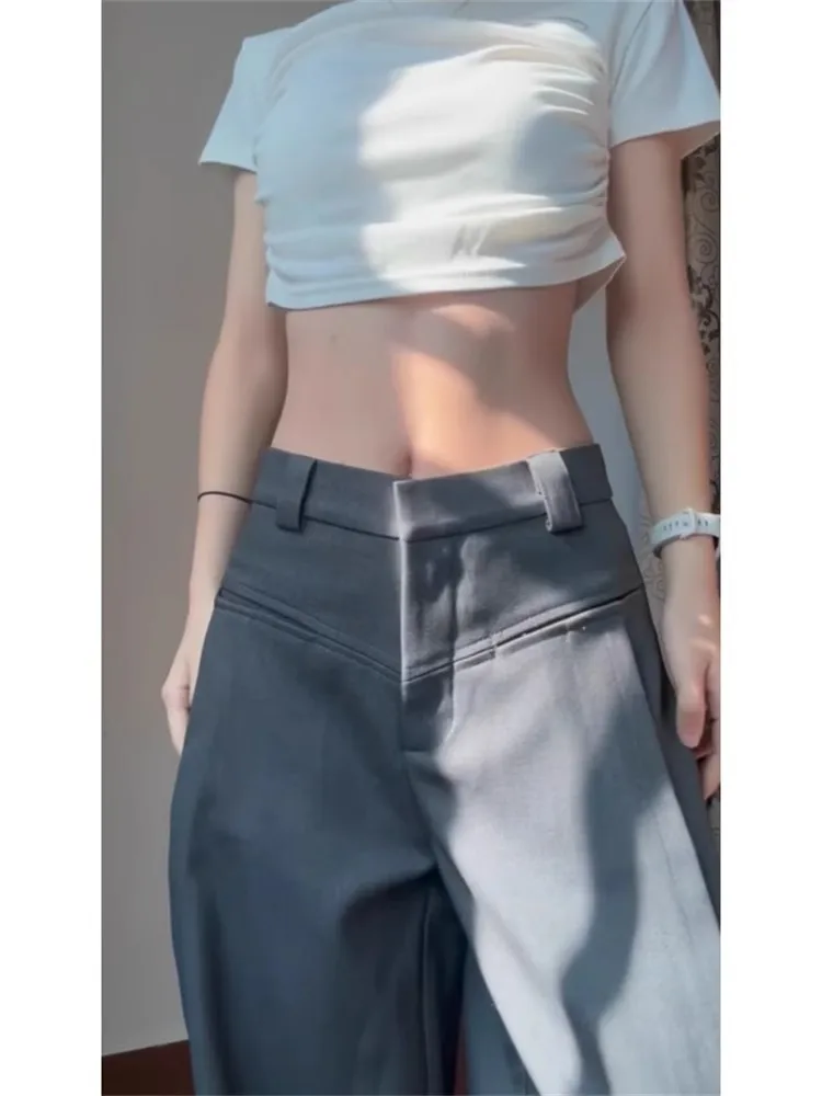 Loose Grey American Style Suit Pants for Women High Waist Straight Leg Floor Length Trousers Comfortable Relaxing Fit view 2