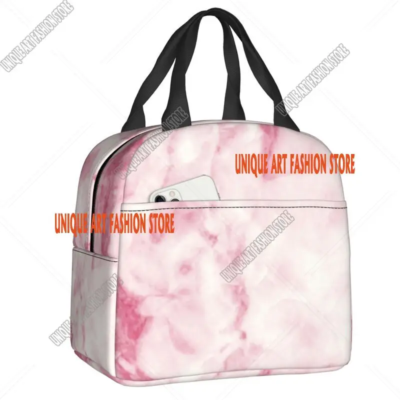 Custom Pink White Marble Texture Artwork Lunch Bag Women Abstract Pop Art Cooler Thermal Insulated Lunch Box for Adult Office