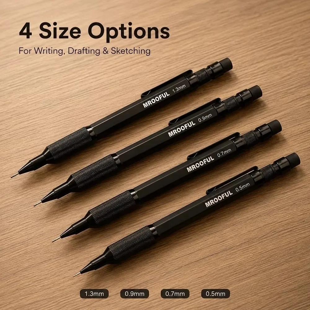 Metal Mechanical Pencil 0.5/0.7/0.9/1.3mm with Built-in Eraser Automatic Pencils Low Center of Gravity Writing Pencil Students
