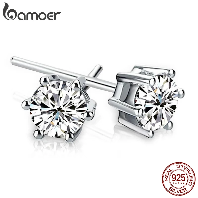 BAMOER 925 Sterling Silver Cubic Zirconia Stud Earrings for Women 14k Gold Plated Round CZ Earrings for Sensitive Ear 2 Colors